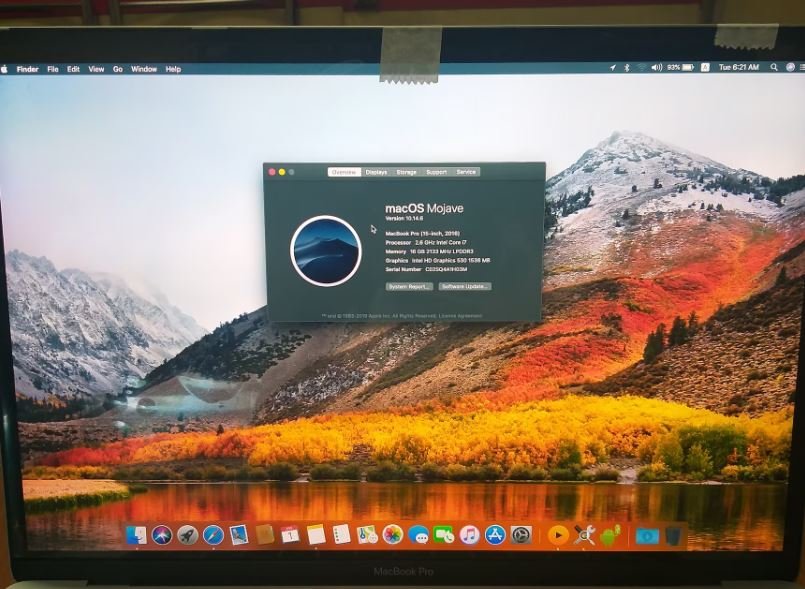MacBook Pro 15-inch running macOS Mojave system verification after successful repair at Solutionhubtech Kashmiri Gate