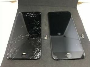iPhone screen before and after replacement — cracked original next to brand new display panel at Solutionhubtech Vaishali